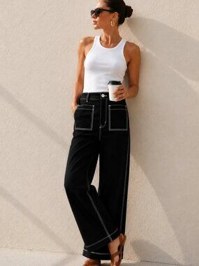 LOFT Black Contrast Stitch Palmer Wide Leg Sailor Pants High Rise NWT Size 0
